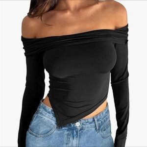 black off the shoulder asymmetrical hem crop long sleeve
